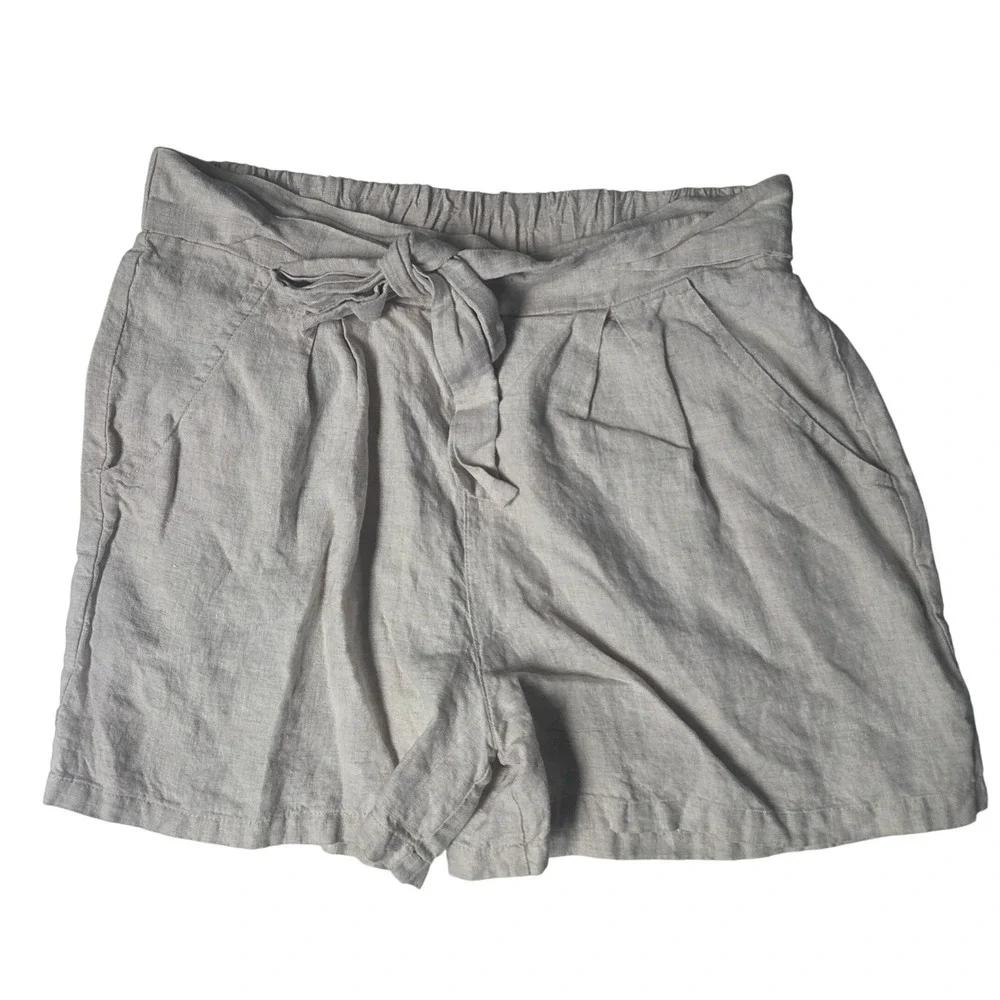 Azucar 100% Linen Paperbag Tie Front Shorts High Waist Summer Beach Cruise